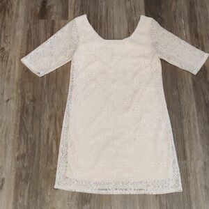 Bee Stitched Chic Lace Mini Dress in Cream